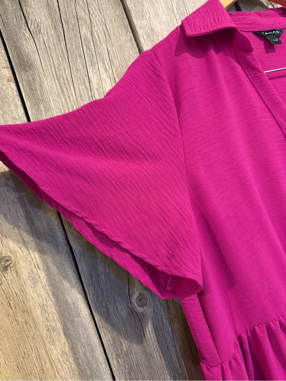 Tahari Magenta Tiered Short-Sleeve Shirt Dress - Picture 3 of 6